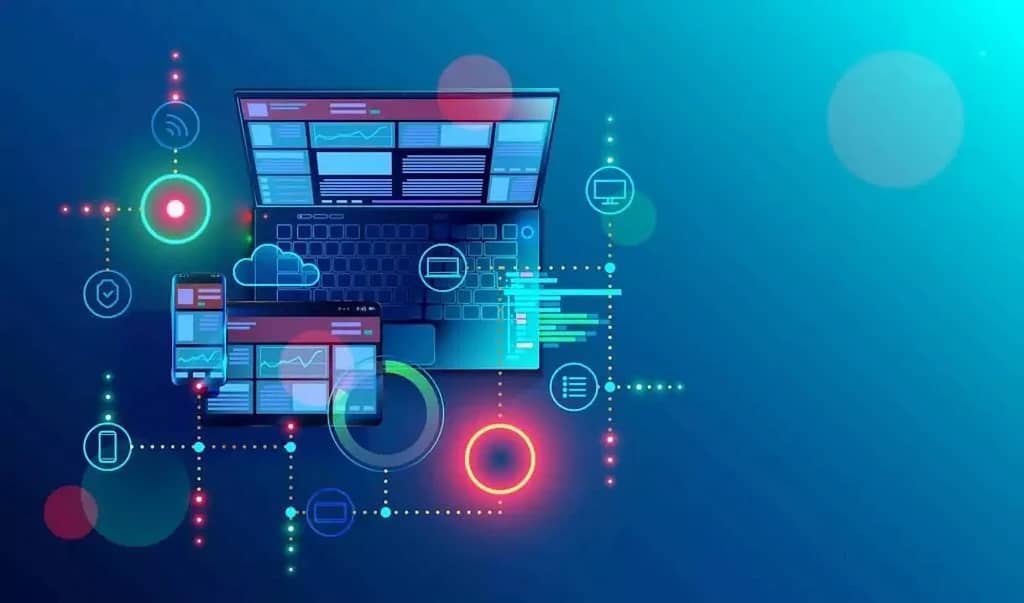Diseño de computadoras sobre un fondo azul